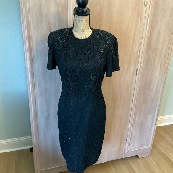 Vintage Adriana Papel evening black beaded sequin silk midi dress cocktail sz 8 - Picture 1 of 16